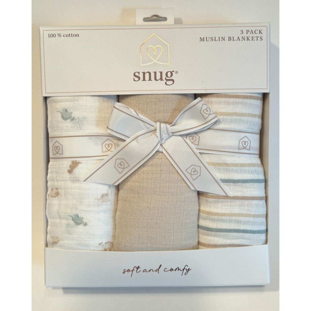 NEW Snug 3-Pack 100% Cotton Muslin Blankets Gift Set Dinosaurs Stripes Solid 40"